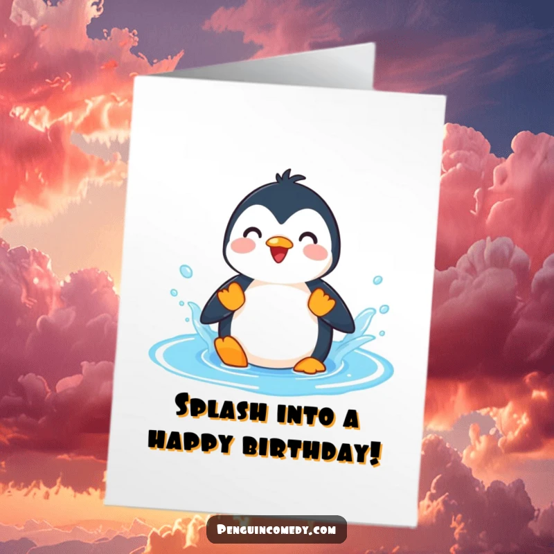 Funny Free Printable Birthday Card: A playful penguin joyfully splashes water in a vibrant blue puddle.