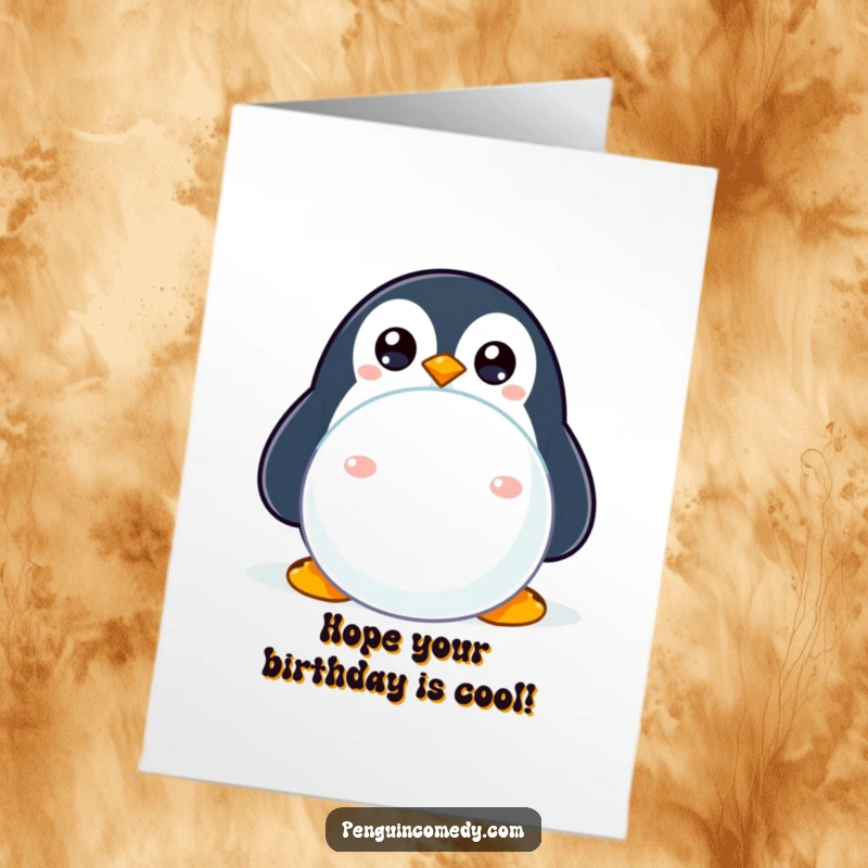 Funny Free Printable Birthday Card: A penguin with wide eyes peeking playfully from behind a snowball.