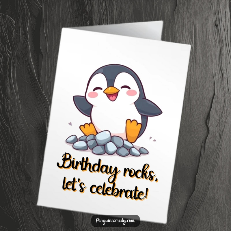 Funny Free Printable Penguin Birthday Card: A penguin with a silly smile chases shiny rocks.