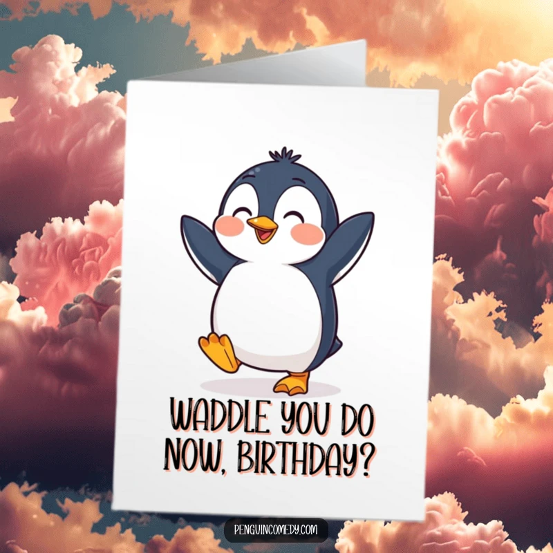Funny Free Printable Penguin Birthday Card: Cheerful penguin dancing joyfully, feet tapping, ready to celebrate.
