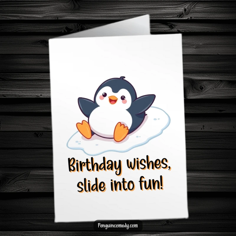 Funny Free Printable Birthday Card: A playful penguin smiles while belly-sliding down a steep icy slope with glee.
