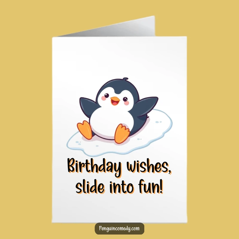 Free Printable Penguin Slide Birthday Card - Funny Icy Slope Downloadable Greeting