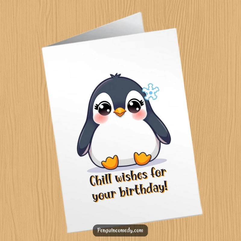 Funny Free Printable Penguin Birthday Card: Innocent penguin captivated by a falling snowflake, ideal for a downloadable greeting.