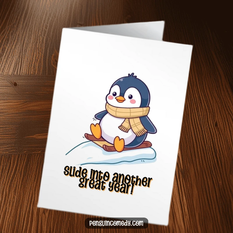 Funny Free Printable Birthday Card: Happy penguin in scarf slides down icy slope, spreading birthday cheer for a downloadable gift.