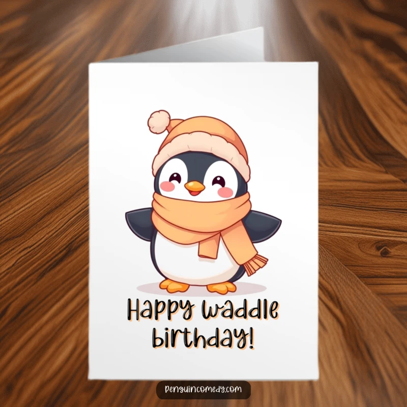 Funny free printable birthday card featuring a cute penguin in a scarf and hat, waddling happily with birthday joy.
