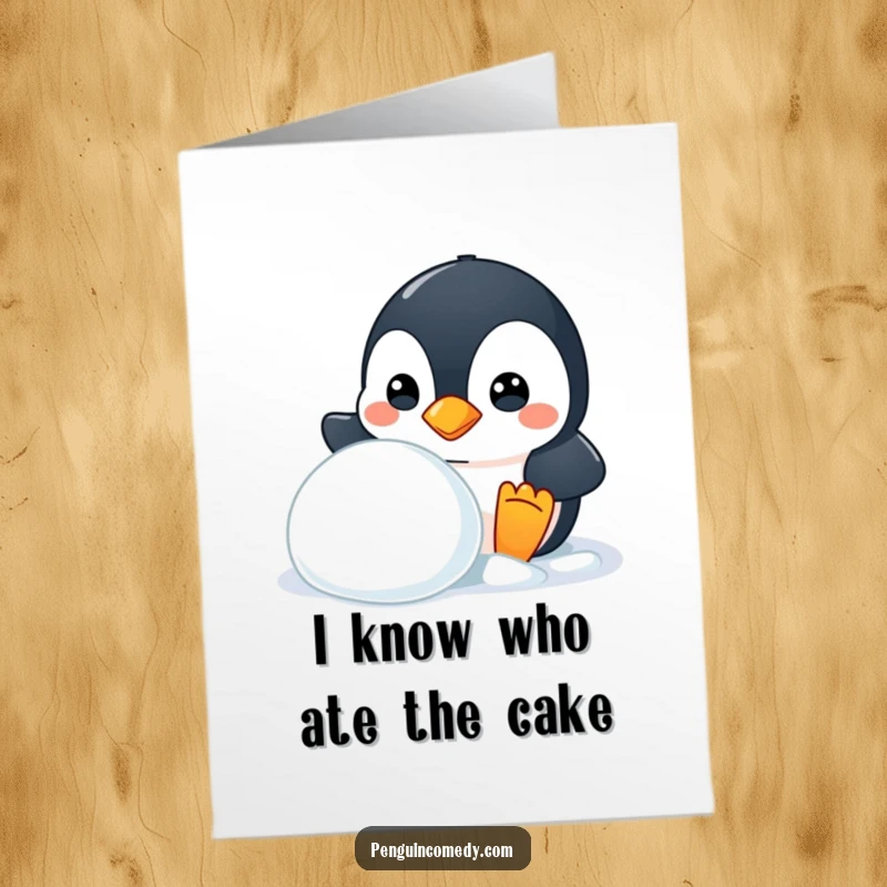 Funny Free Printable Birthday Card showing a mischievous penguin peeking playfully from behind a large snowball, ready for fun.