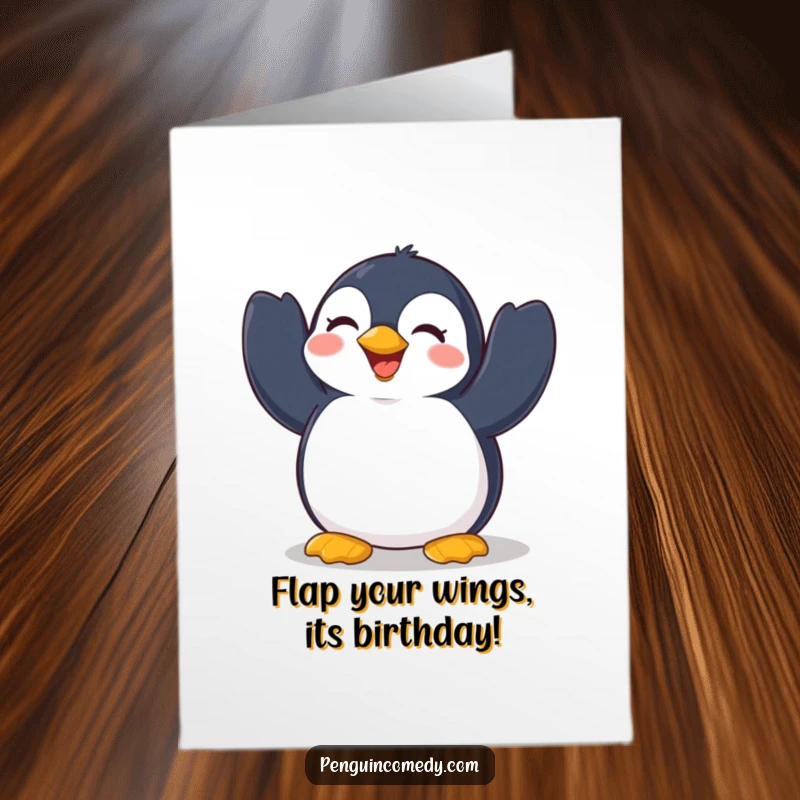 Funny Free Printable Penguin Birthday Card: Cheerful penguin flapping wings in delight, perfect for a joyous celebration.