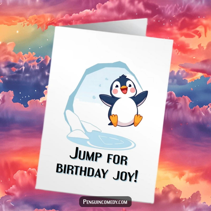 Funny Free Printable Penguin Birthday Card: A joyful penguin leaps near an ice hole for a birthday.