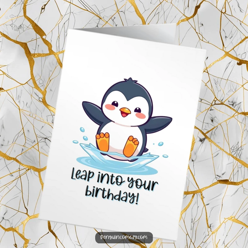 Funny Free Printable Birthday Card: Playful penguin mid-jump into water, celebrating a birthday with a splashy downloadable gift.