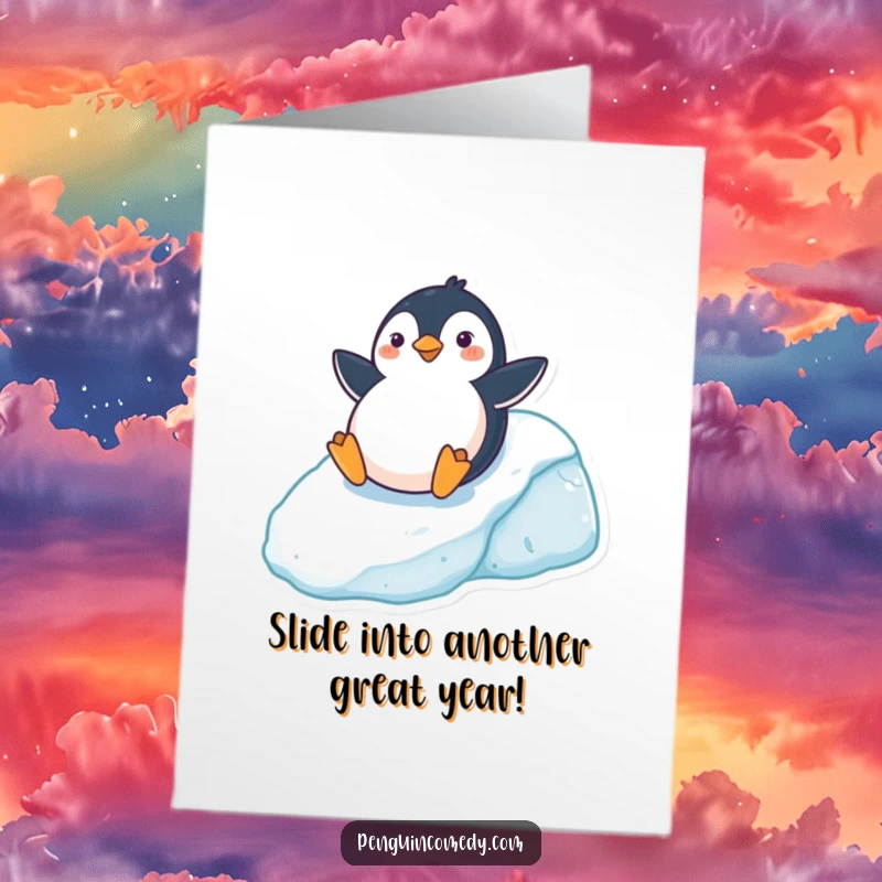 Funny free printable birthday card featuring a cheerful penguin sliding gleefully on its belly down a steep, snowy ice hill.