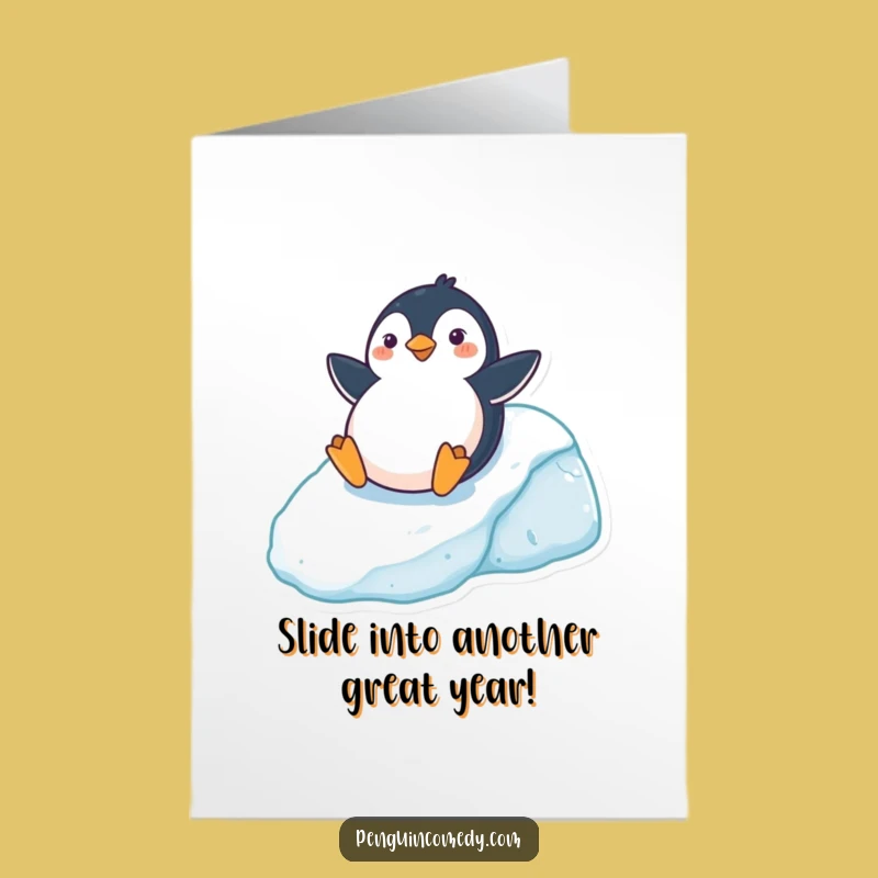 Free Printable Birthday Card: Penguin Slide, Funny Downloadable Winter Fun Gift