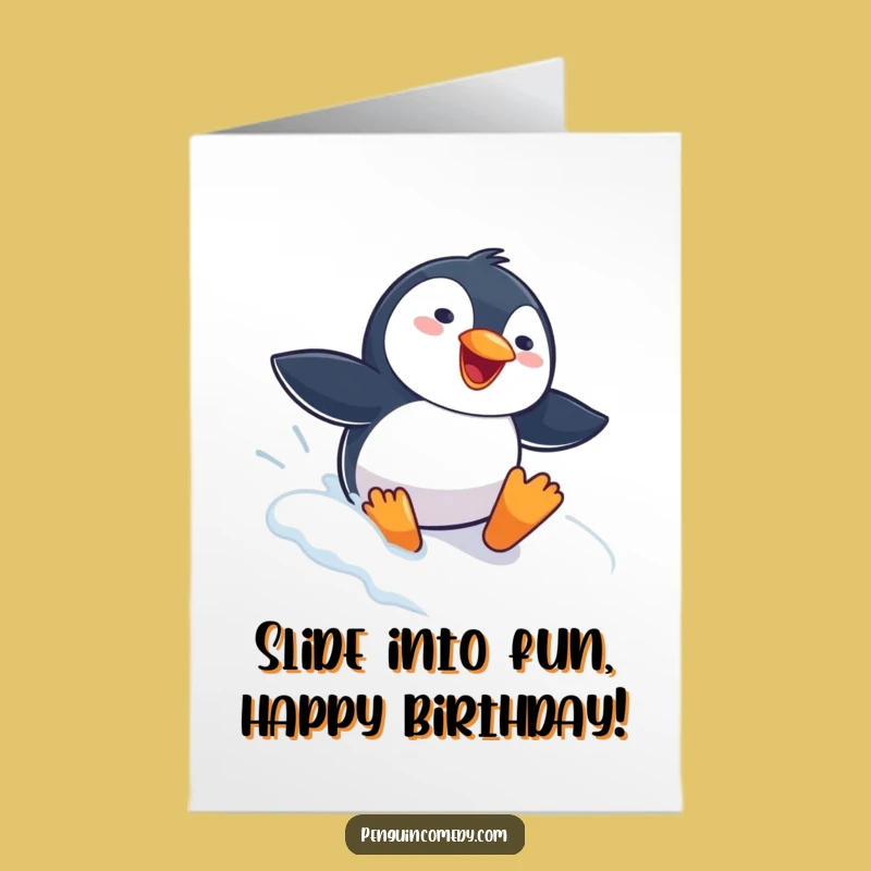 Free Printable Birthday Card: Gleeful Penguin Snow Slide Downloadable for Snowy Fun