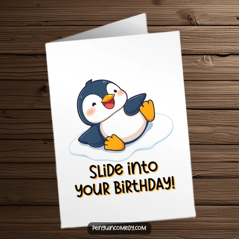 Funny free printable birthday card: a giggling penguin slides gleefully down an icy slope, embodying birthday fun.