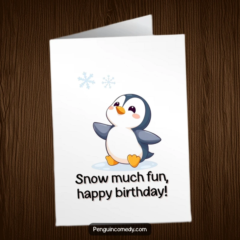 Funny Free Printable Birthday Card: A curious penguin tilts its head up, observing a single falling snowflake.
