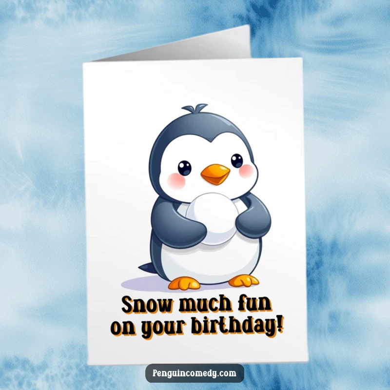 Funny Free Printable birthday card featuring a cute penguin holding a tiny snowball, ready to celebrate.