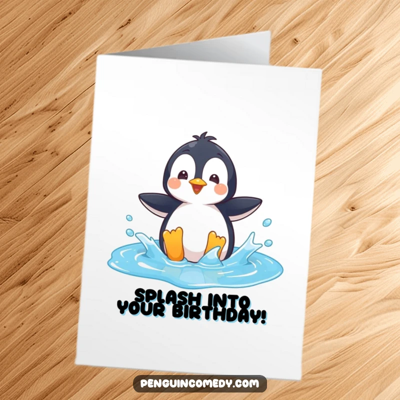 Funny Free Printable Birthday Card: A joyful penguin gleefully splashes in a bright blue puddle, full of energy.