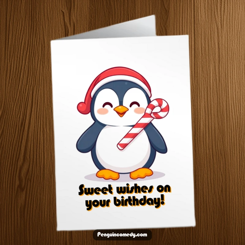 Funny Free Printable Birthday Card: A smiling penguin happily holding a festive candy cane.