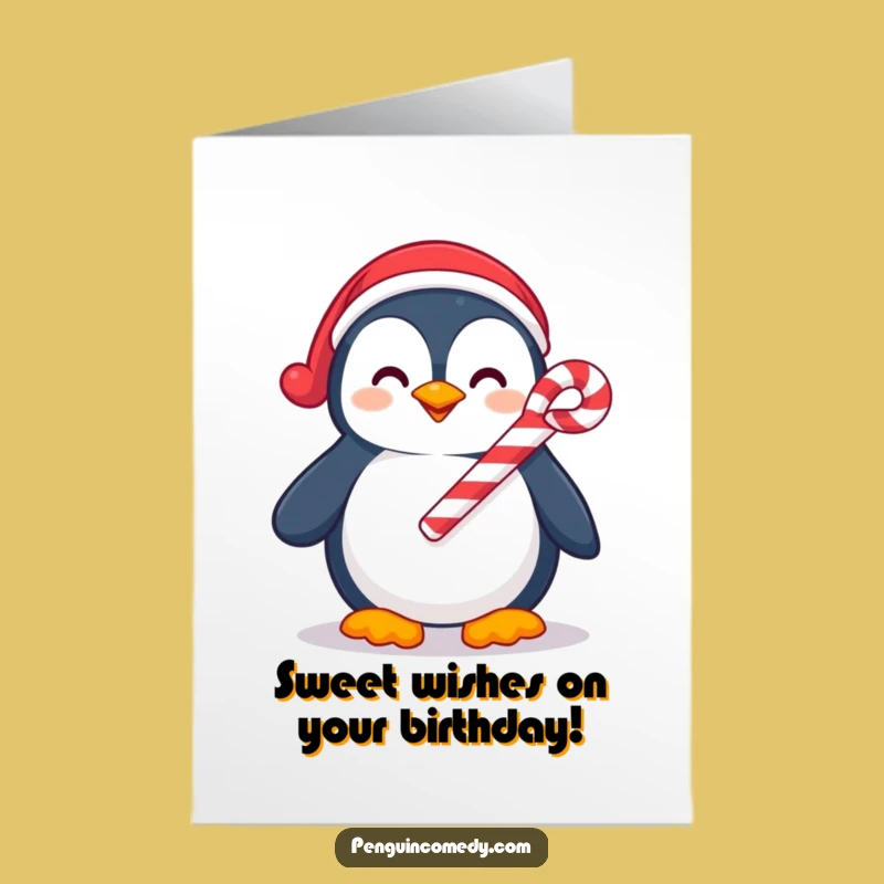 Free Printable Penguin Candy Cane Birthday Card: Funny Smile Gift