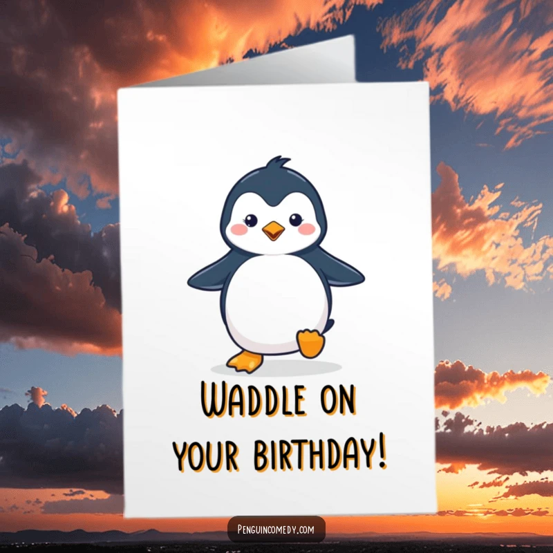 Funny Free Printable Birthday Card: A cute penguin waddling along with a very happy stride.