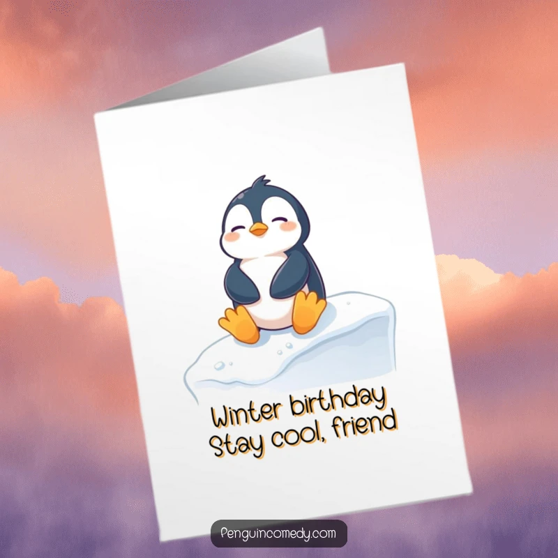 Funny Free Printable Birthday Card: Penguin blissfully sunbathing on a snowy ledge, radiating pure contentment.
