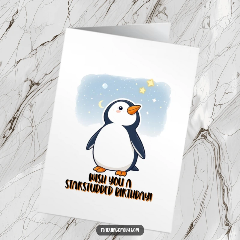 Funny Free Printable birthday card featuring a penguin gazing at a starry night sky, full of wonder.