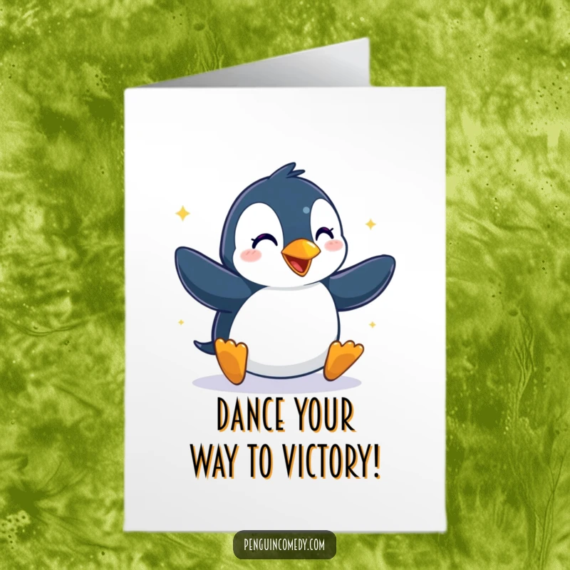 Funny Free Printable Congratulations Card: A penguin happily dancing with glee, celebrating your amazing victory.