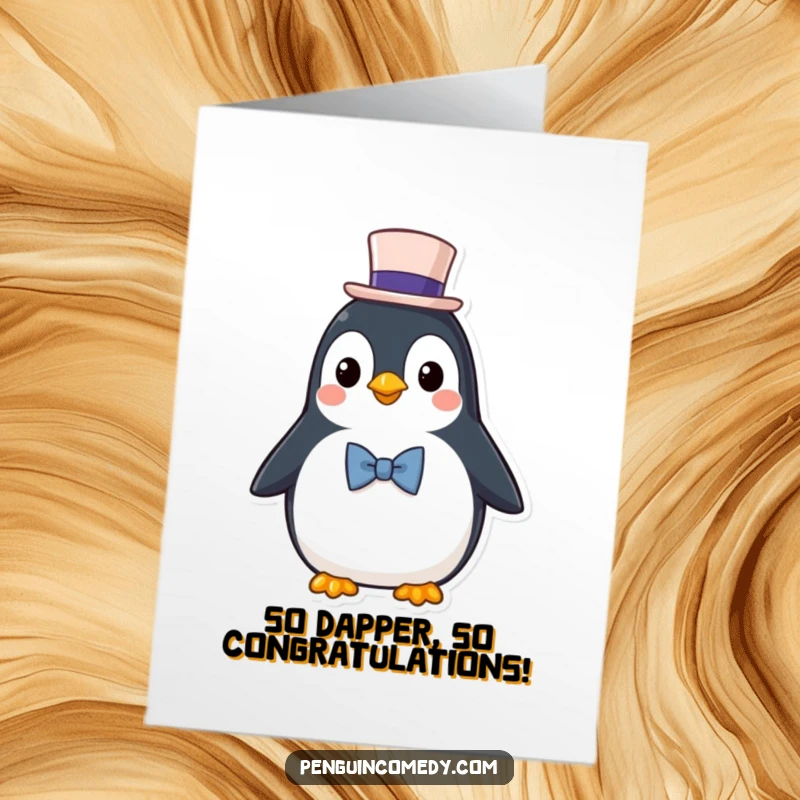 Funny Free Printable Congratulations Card: A penguin wearing a top hat and bowtie offers sophisticated congratulations on a grand achievement.