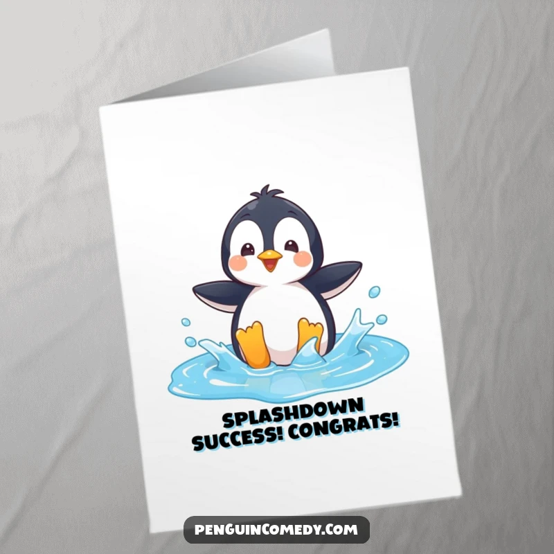 Funny Free Printable Congratulations Card: A penguin enthusiastically splashes in a blue puddle, celebrating a fantastic achievement.
