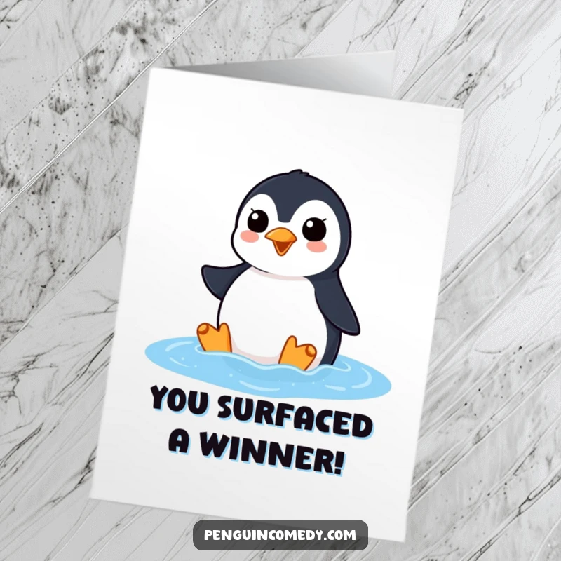 Funny Free Printable Congrats Card: Penguin excitedly squawking as it surfaces from the ocean.