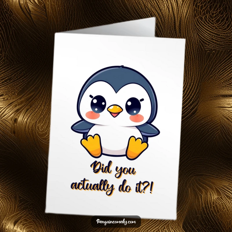 Funny Free Printable Congratulations Card showing a penguin with its beak open in delightful shock and surprise.
