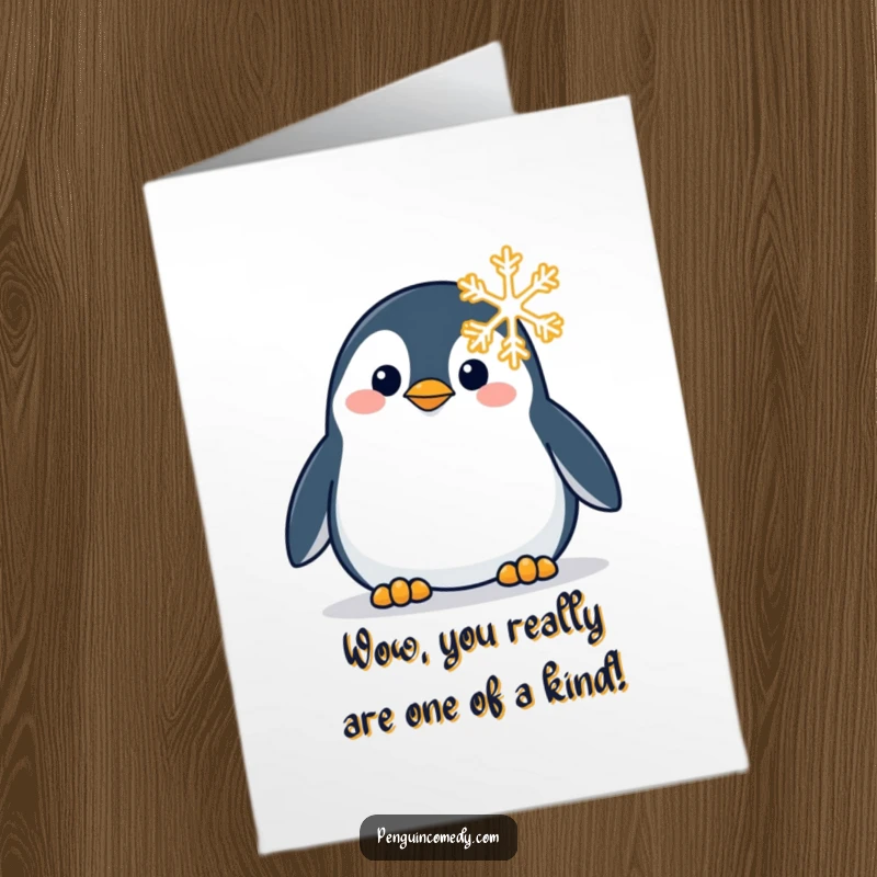 Funny Free Printable Congratulations Card featuring a penguin captivated by a snowflake, symbolizing a unique and brilliant achievement.