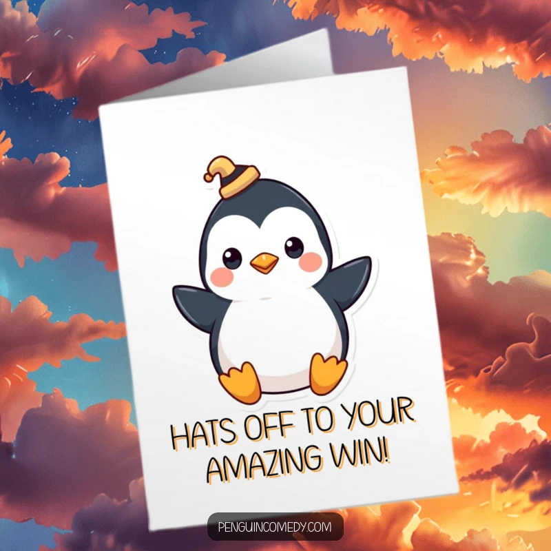 Funny Free Printable Penguin Congratulations Card featuring a penguin in a tiny hat tipping it.