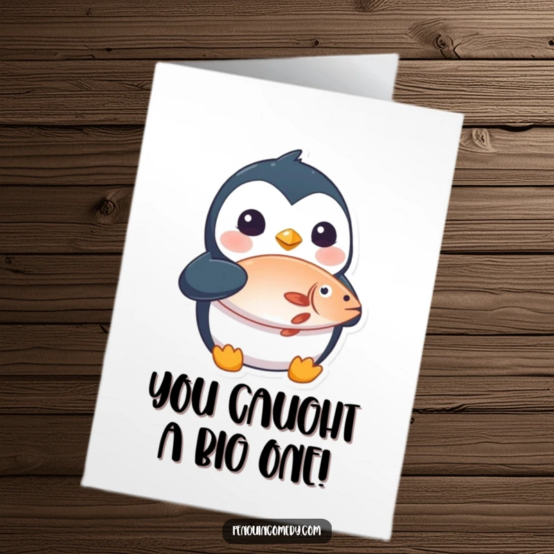 Funny Free Printable Congratulations Card: A surprised penguin clutching a fish, celebrating a big win.