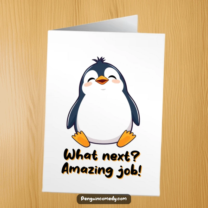 Funny Free Printable Penguin Congratulations Card: a giggling penguin looks upwards curiously.