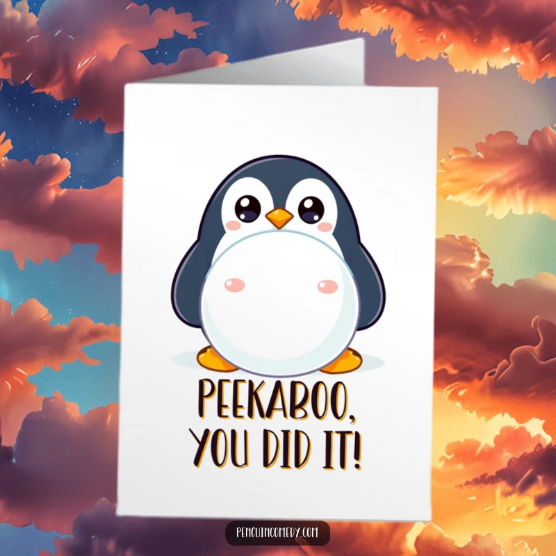 Funny Free Printable Congratulations Card: A curious penguin peeking from a snowball, celebrating achievement.