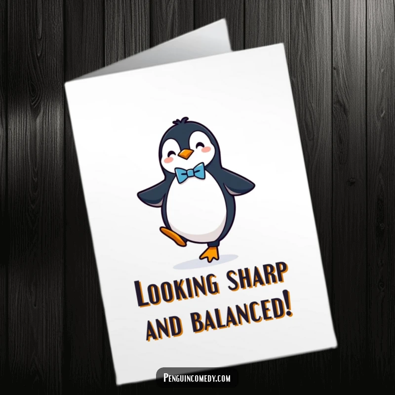 Funny Free Printable Congratulations Card: A sophisticated penguin in a bow tie, celebrating with perfect balance.