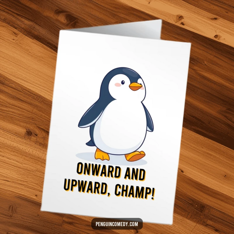 Funny Free Printable Congratulations Card: A penguin with a focused expression waddles purposefully through the snow.