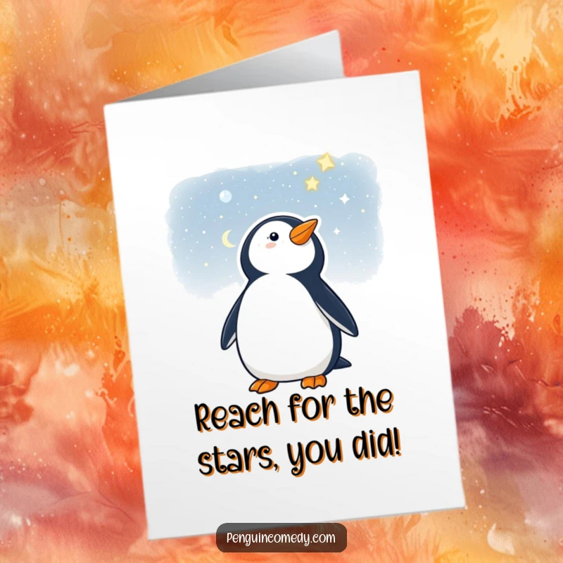 Funny Free Printable congratulations card showing a penguin looking up at a vast, starry night sky.