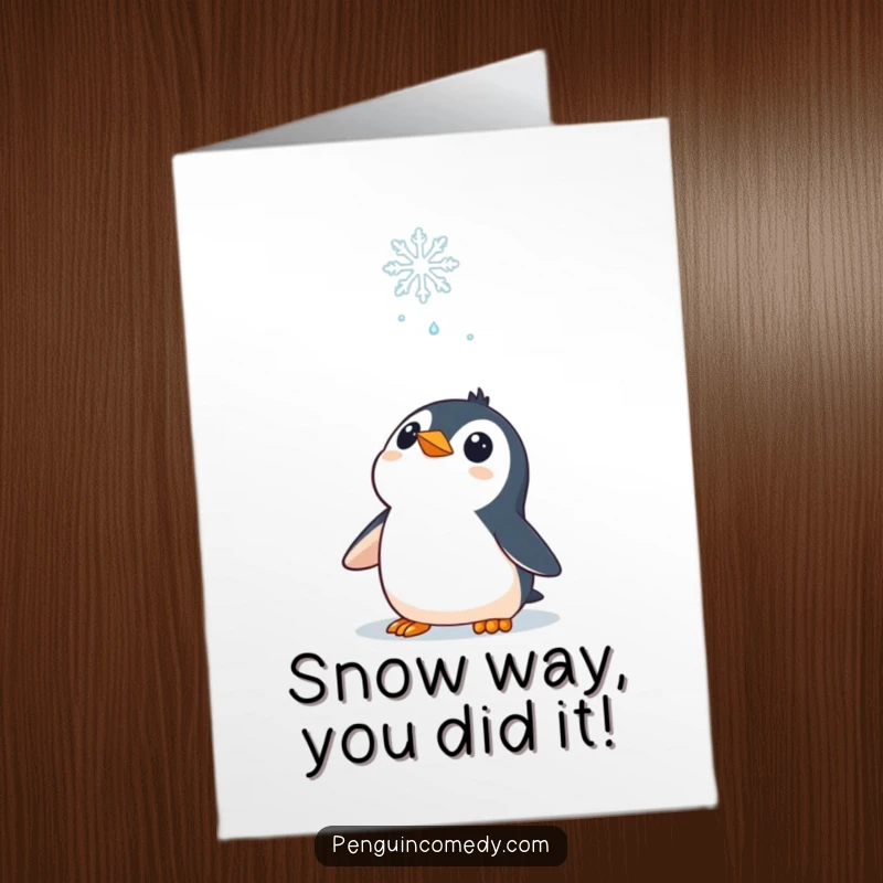 Funny Free Printable Congratulations Card: A curious penguin looks up mystified by a falling snowflake, symbolizing new possibilities.