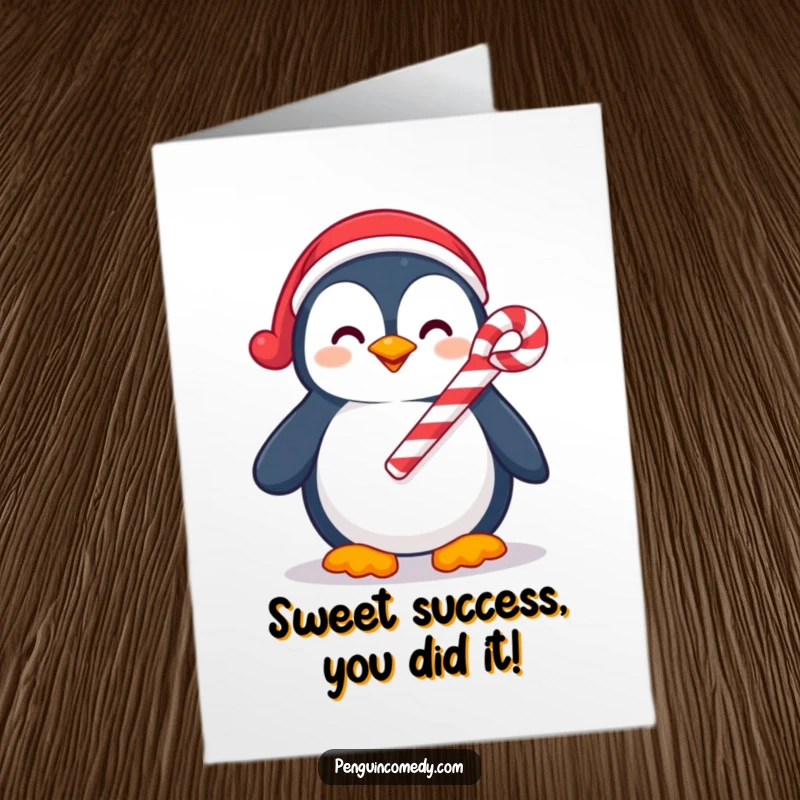 Funny Free Printable Congratulations Card: A cheerful penguin holding a candy cane, celebrating your wonderful news.
