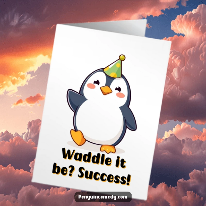 Funny Free Printable Congratulations Card: A happy penguin wearing a party hat waddles energetically. Humorous, downloadable art to celebrate wins.