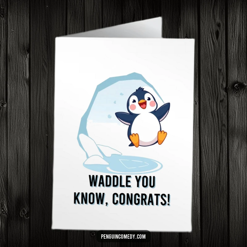 Funny Free Printable Penguin Congratulations Card: An excited penguin jumps near an ice hole to celebrate.