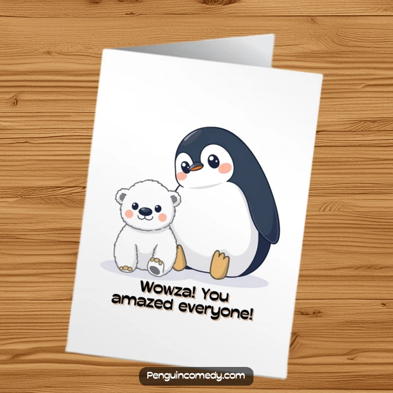 Funny Free Printable Congrats Card: Penguin wide-eyed, observing a young polar bear cub in the distance.