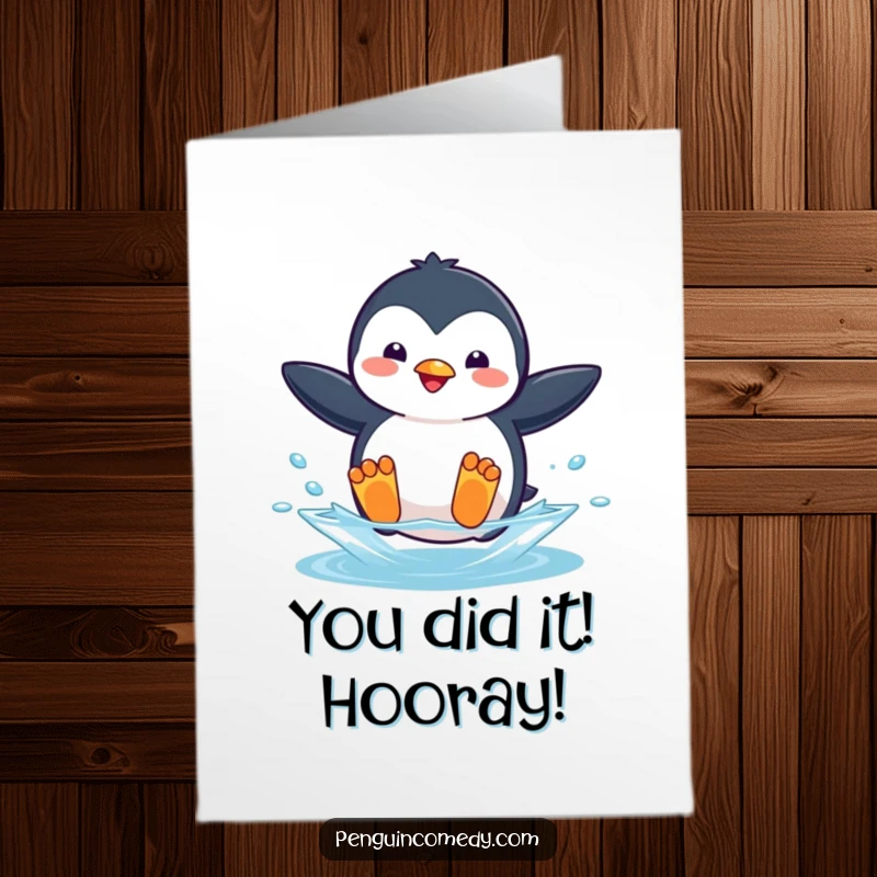 Funny Free Printable Congratulations Card: Playful penguin leaps into water, celebrating success with a splashy downloadable gift.