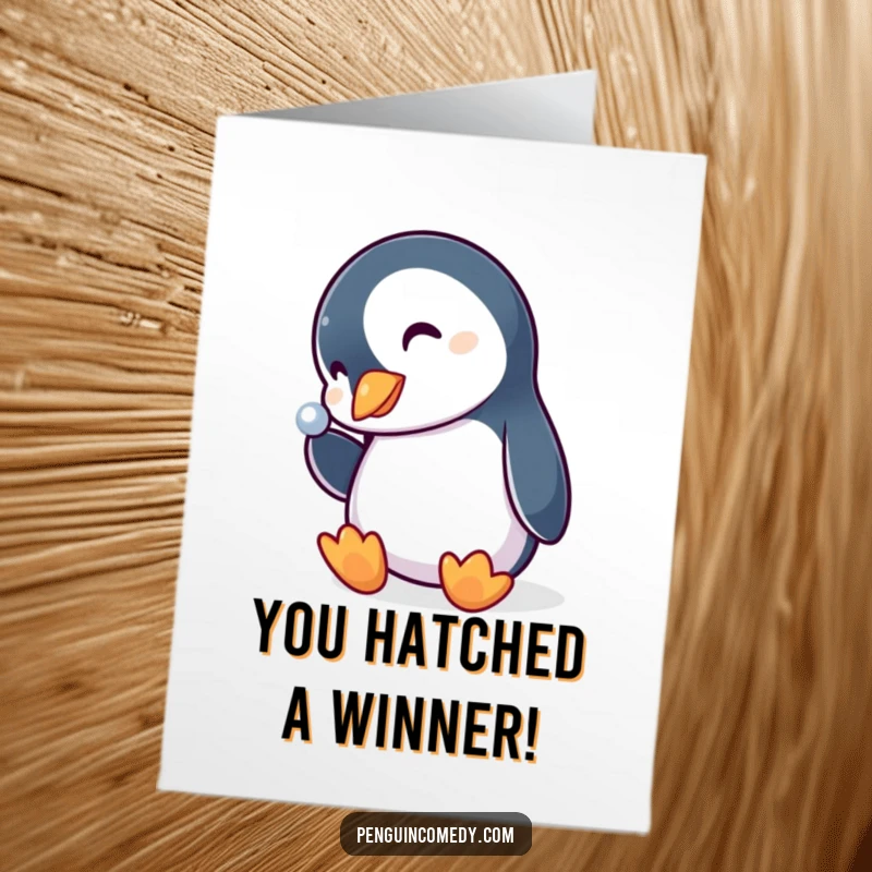 Funny Free Printable Congratulations Card with a curious penguin head tilt, showing wonder at a shiny new achievement.
