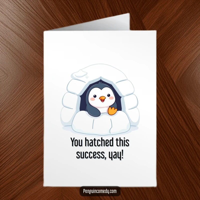 Cheerful Free Printable Congratulations Card: A happy penguin peeking from its igloo, humorously celebrating your success with a warm and friendly greeting.