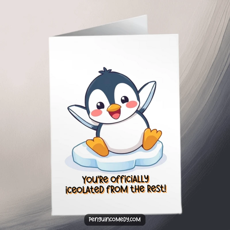 Funny Free Printable Congratulations Card showcasing a penguin mid-slide, symbolizing an enthusiastic, albeit clumsy, achievement.