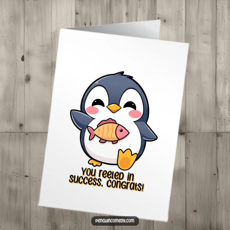 Funny Free Printable Penguin Congratulations Card featuring a proud penguin holding a fish icon.
