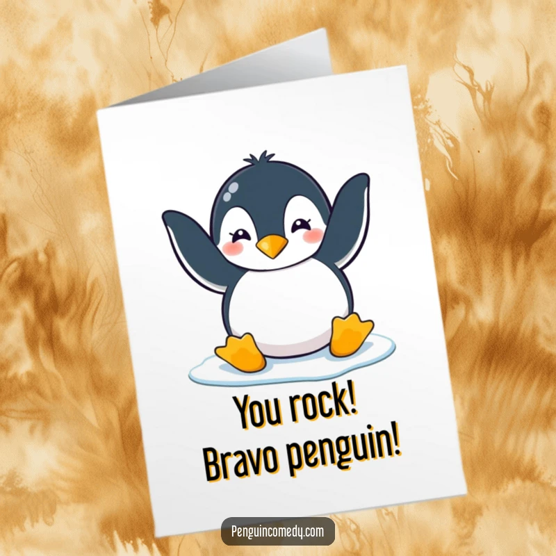 Funny Free Printable Congratulations Card: A penguin joyfully claps its flippers on a slick ice surface. Humorous, downloadable art for celebrating wins.