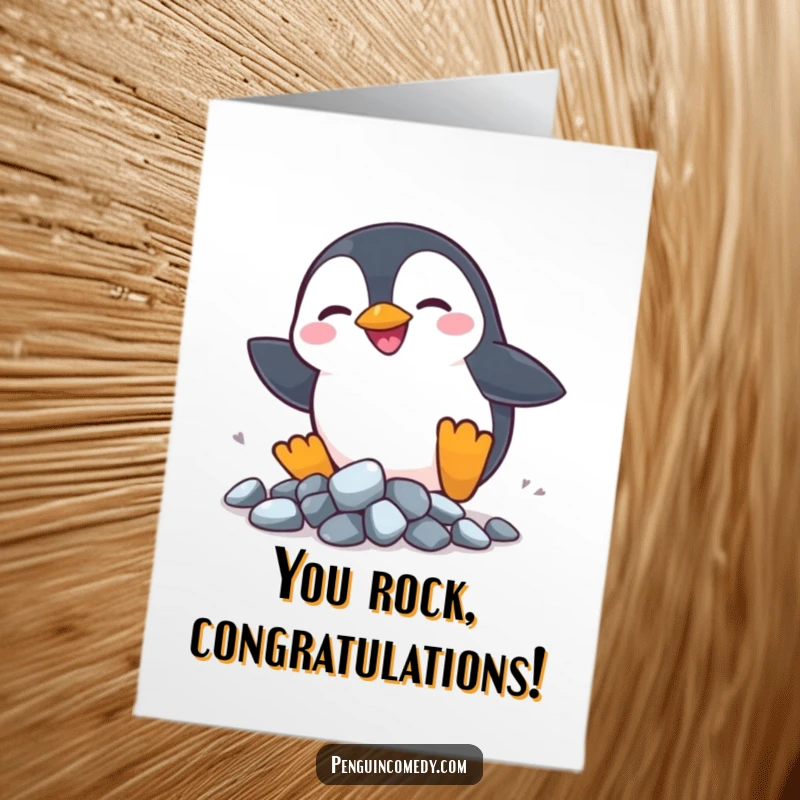 Funny Free Printable Penguin Congratulations Card: A silly penguin happily pursues scattered shiny rocks.